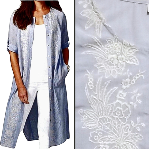 J. Jill Tops - J. Jill light blue Duster Tunic w/floral Embroidery 🪞